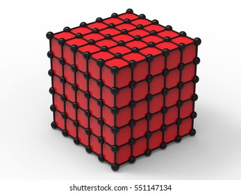 3D render illustration - red network cube concept
