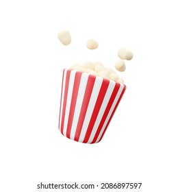 3D render Illustration  Red   white bucket and popcorn flying isolated white background  Entertainment box  Candy concept  Cinema snack  3D rendering popcorn icon