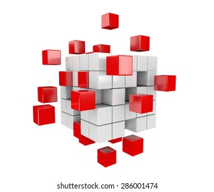 3D Render Illustration, Red And White Cubes Drifting Apart