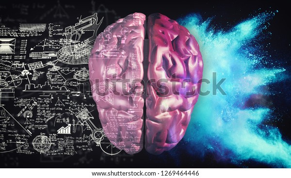 3d render\
illustration.  Right and left hemisphere of the brain . Creative\
half and logical half of human\
mind.