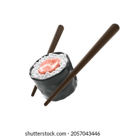 3d render illustration of rolls with salmon and chopsticks. Isolated on white background. Modern trendy design.