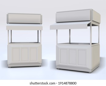 3D RENDER ILLUSTRATION. Sample Idea Model Hot Food And Drink Booth Kiosk. Small Business Street Food Stall Market Or Product Exhibition Fair Counter Concept Design On Background.