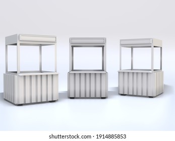 3D RENDER ILLUSTRATION. Sample idea model hot food and drink booth kiosk. Small business street food stall market or Product exhibition fair counter concept design on background.