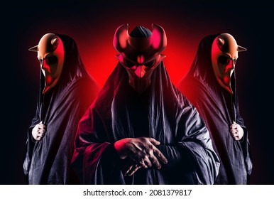 3d render illustration scary horror occult sectarians in black hood and metal masks on black background with red glow.