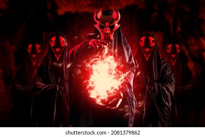 3d Render Illustration Of Scary Horror Occult Sectarians In Black Hood And Metal Masks On Dark Cave Background With Red Glow.