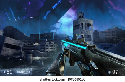 3d Render Illustration Of Sci-fi First Person Shooter Game With Soldier Hands Holding Futuristic Weapon On Alien Invaded Ruined City Battlefield Background.