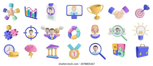 3d render illustration set of icons on the theme of collaboration, teamwork in the office. Modern trendy design. Simple icon for web and app. Isolated on background.