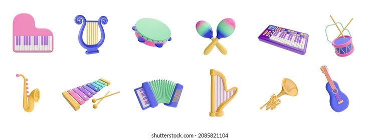 3d Render Illustration. Set Of Musical Instrument. Modern Trendy Design. Simple Icon For App And Web. Isolated On Background.