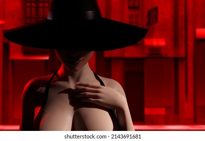 3d render illustration of sexy mysterious noir lady portrait in black dress and hat standing on red toned city street.