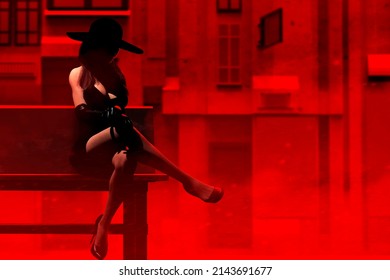 3d Render Illustration Of Sexy Noir Lady In Black Dress And Hat Sitting On Red Toned Street Bench With Red Mist.