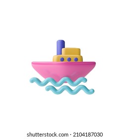 3d Render Illustration Of Small Boat On The Waves. Modern Trendy Design. Simple Icon For Web And App. Isolated On White Background.