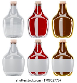 3d render illustration of small bottles mockups isolated on white background. Colored glass, empty, filled with potion variants and labelew.