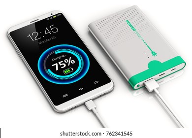 3D Render Illustration Of Smartphone Or Mobile Phone Charging By A Portable Power Bank Rechargeable Battery Pack Isolated On White Background