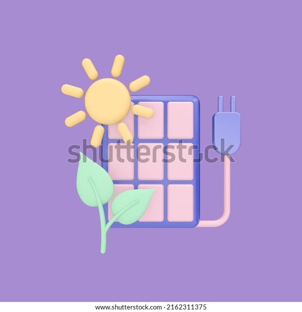 3d render illustration of solar battery\
charging and leaf. Modern trendy design. Simple icon for web and\
app. Isolated on violet\
background