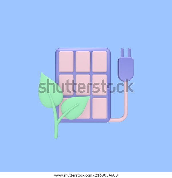 3d render illustration of solar battery\
charging and leaf. Modern trendy design. Simple icon for web and\
app. Isolated on blue\
background