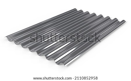 3d render illustration steel metal zinc galvanized wave sheet for roof isolated on white background. Realistic corrugated roof sheet. Metal siding, profiled sheeting for covering or fencing. Foto stock © 