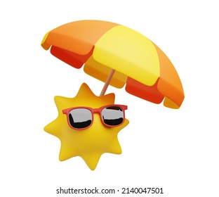 3d render illustration of Sun with sunglasses and beach umbrella isolated on white. Travel icon summer vacation concept