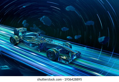 3D Render Illustration Super One Racing Car With Shooting Star Sky Speed Effect Background