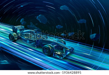 3D Render Illustration Super One Racing Car With Shooting Star Sky Speed Effect Background