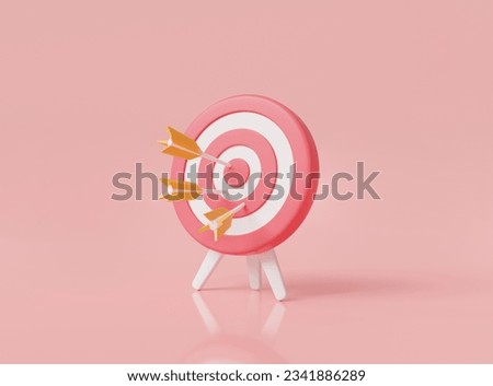 3d render illustration of Target board hit in center by arrows, Darts Target, target of business, Business goals, Victory, Red aim, Goals achievement, Success business Concept. Cartoon icon style