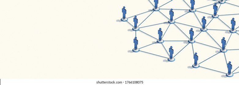 3d Render illustration of teamwork network and community concept, blue color, people connected on white background with copy space
