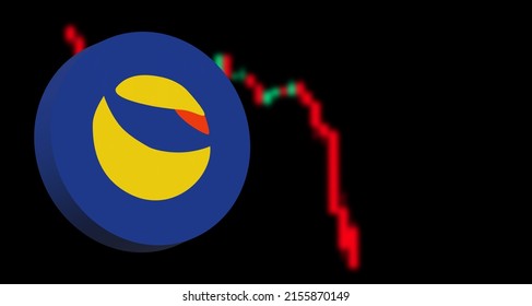 3d render illustration Terra luna on black banner background and rug pull red arrows down .Bitcoin value rising down ( BTC ) price fall drop Concept . 3D rendering.Terra luna sell.fall down crisis.
