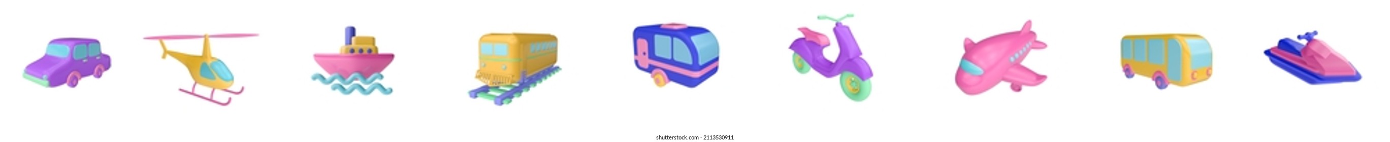 3d Render Illustration Of 
 Transport: Car, Helicopter, Ship, Train, Moped,  Bus. Modern Trendy Design. Simple Icon For Web And App. Isolated On White Background.