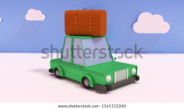 3D render Illustration. Travel concept, cartoon\
car with suitcase.