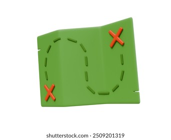 3d render illustration of treasure map with points. geolocating travel, camping spots. Isolated object