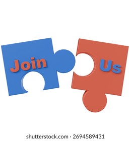 3D render illustration of two interlocking puzzle pieces with the words “Join Us,” symbolizing teamwork, collaboration, recruitment, partnership, unity, and business cooperation