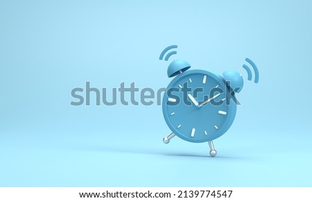 3D render, 3D illustration. Vintage circle clock icon. Simple twin bell alarm clock on blue background. Minimal creative concept.