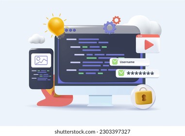 3D render illustration web page design, development of mobile websites, creating applications, transferring information. Software development coding, Programming, testing cross platform code