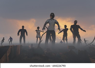 3D render Illustration of a zombie crowd walking at night,halloween concept
