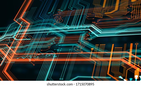3d Render And Illustration/Printed Circuit Board Futuristic Server.Circuit Board Futuristic Server Code Processing. Blue,Orange, Green Technology Background.