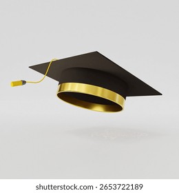 3D Render Image. 4K Photo of Graduation Cap Floating Isolated on White Background with Studio Lighting. Metallic Gold and Black Fabric Material