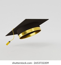 3D Render Image. 4K Photo of Graduation Cap Floating Isolated on White Background with Studio Lighting. Metallic Gold and Black Fabric Material