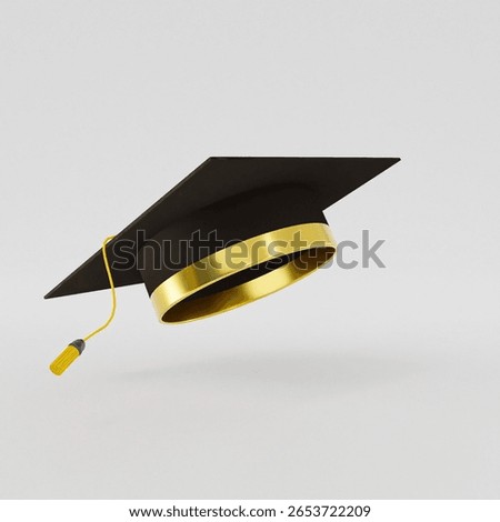3D Render Image. 4K Photo of Graduation Cap Floating Isolated on White Background with Studio Lighting. Metallic Gold and Black Fabric Material