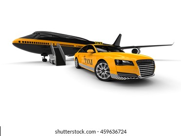 3D Render Image Of An Airliner And A Taxi Representing Airport Taxi Service / Airport Taxi