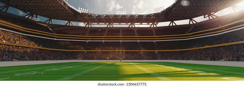 3D render image of american football stadium with yellow goal post, grass field and blurred fans at playground view. Concept of outdoot sport, activity, football, championship, match, game space