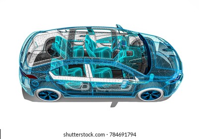 3D Render Image Of An Car In Wire Frame Representing An Car Development Process 