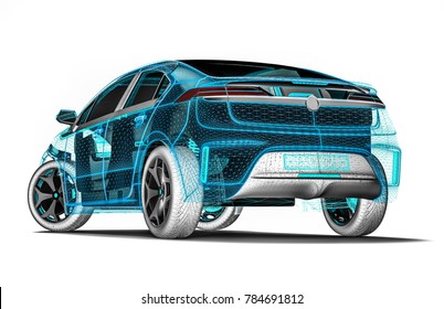 3D render image an car in wire frame representing an car development process 