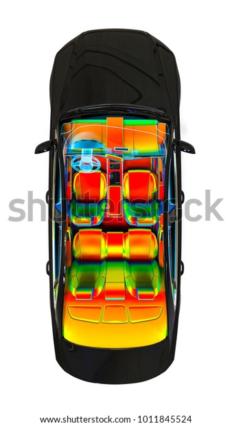3D render image of an car in wire\
frame representing a car interior development\
process