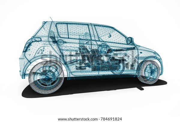 3D render image of an car in wire\
frame representing an car development process\
