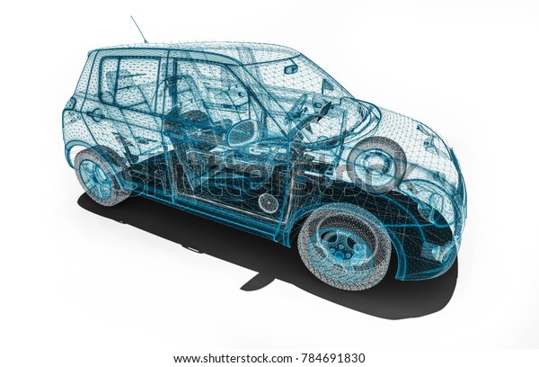 3D render image of an car in wire
frame representing an car development process
