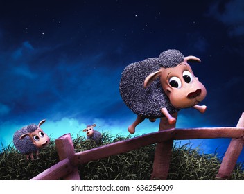 3d Render image of a cute sheep on the grass beside a fence at night /counting sheep concept