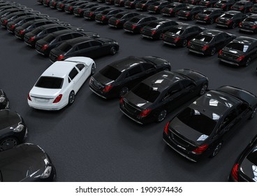 3D render image of a fleet of luxury car with one in different color representing unique concept 