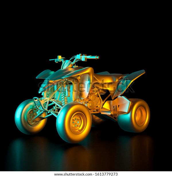 3d render\
image of a gold colored quad bike on a black background.\
Transportation, pastime and luxury\
concept.
