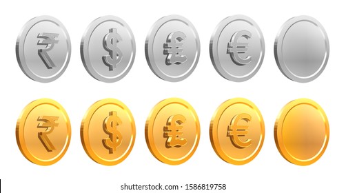 3D Render Image Of Gold And Silver Coins With Rupee Symbol, US Dollar Symbol, Pound Sign And Euro Symbol.