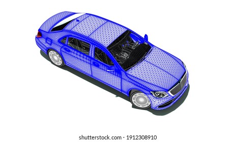 3D render image of a high class car in a mesh body representing CAD design