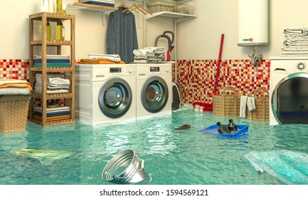 3d render image of an interior of a flooded laundry. Concept of home problems.